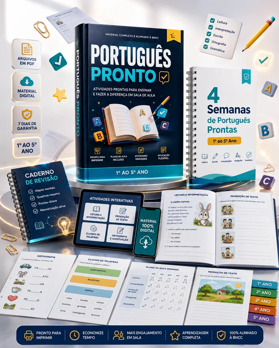 Mockup do Português Pronto — 4 Semanas de Português Prontas, 1º ao 5º Ano